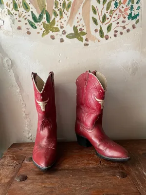 1950s/60s Cherry Red Leather Longhorn Inlay Cowboy Boots