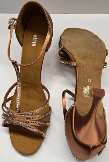 2.5" Guilia -- Flare Heel Latin Sandal with Rhinestones -- Dark Tan Satin