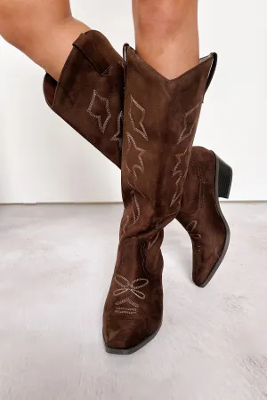 A Wild Ride Faux Suede Western Boots (Brown)