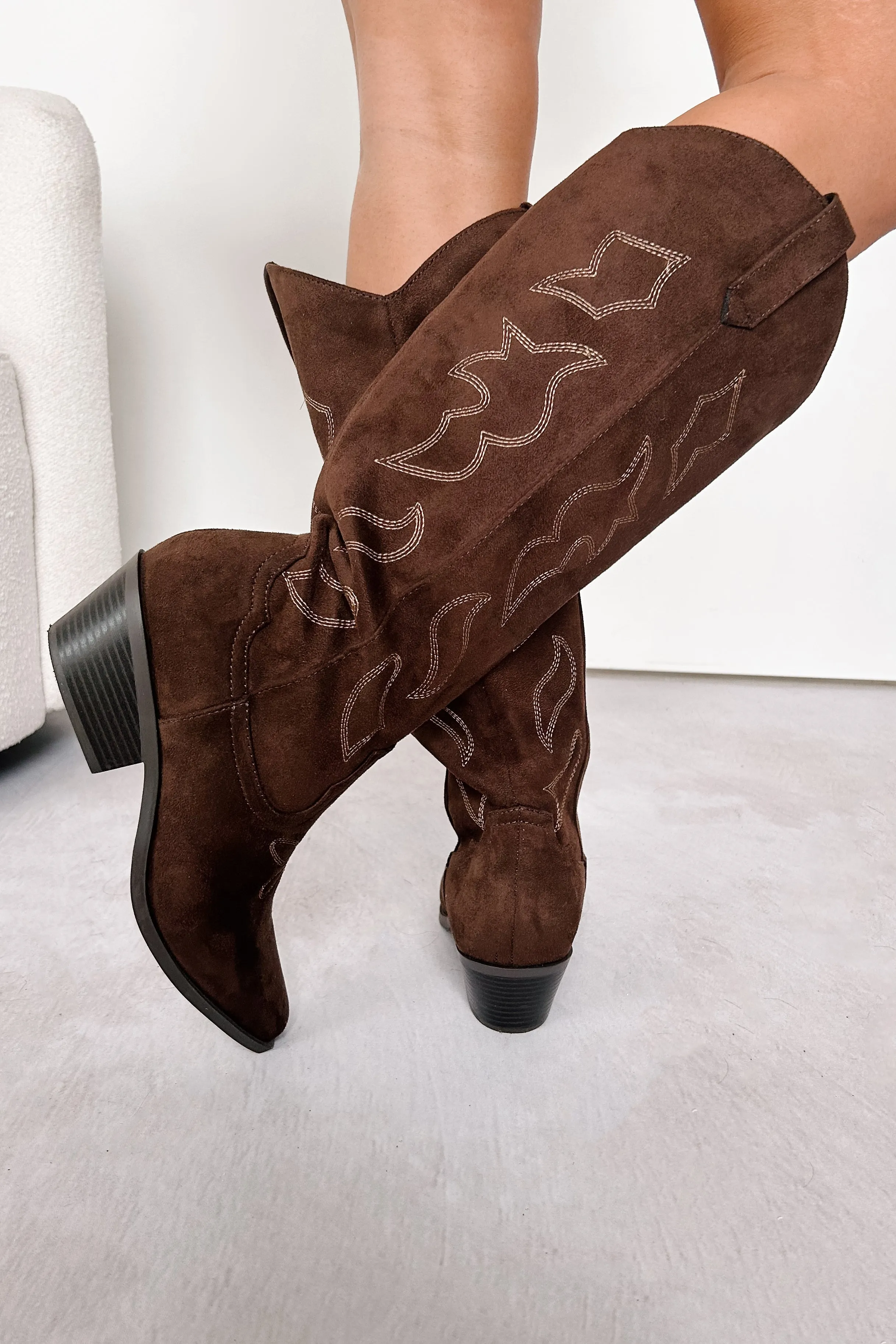 A Wild Ride Faux Suede Western Boots (Brown)