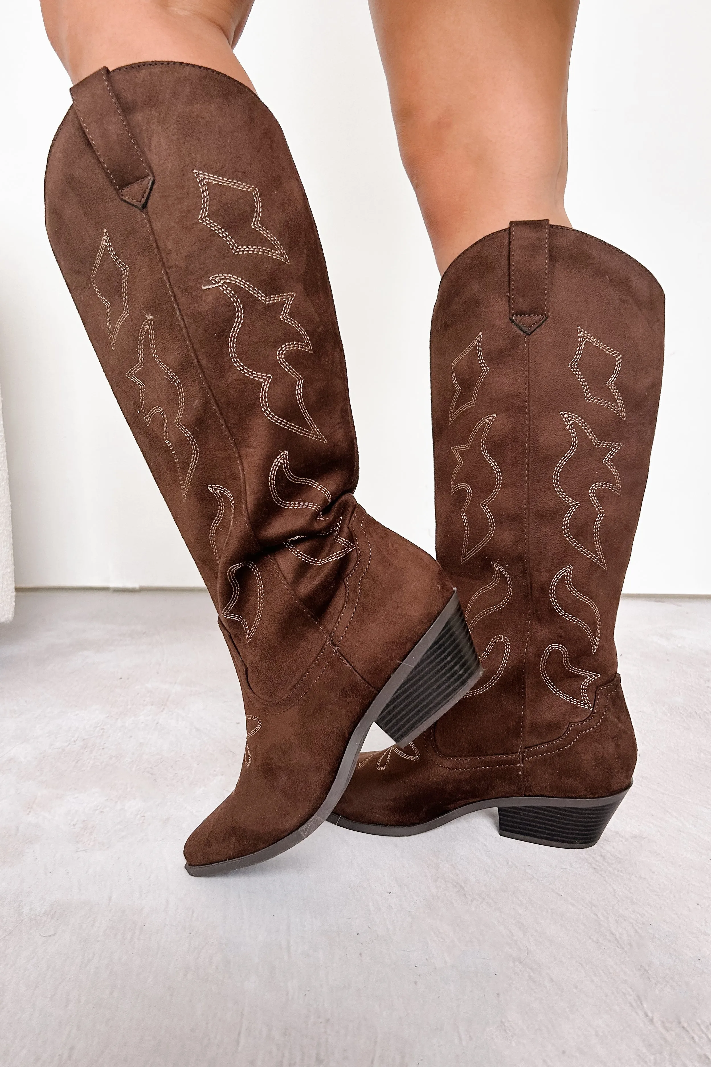 A Wild Ride Faux Suede Western Boots (Brown)