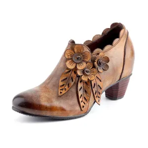 CrazycatZ Leather Pumps,Women Colorful Vintage Block Heel Oxford Vintage Floral Shoes Brown