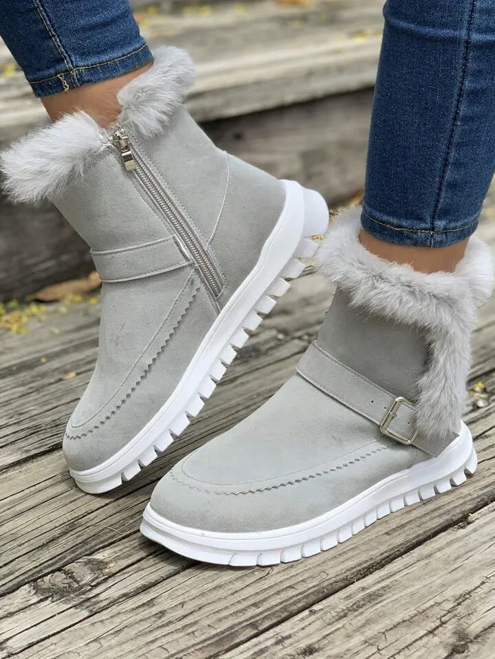 Fashionable Women's Boots, Winter New Korean Style Short Booties With Thickened Plush Lining, Flat Bottom Warm Shoes For Women  B185597