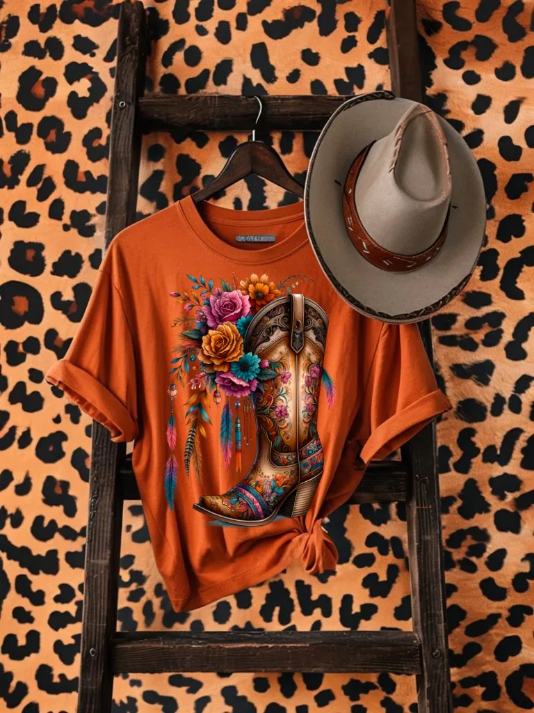 Floral cowboy boots on autumn WESTERN hoodie, crewneck, long sleeve or graphic tee