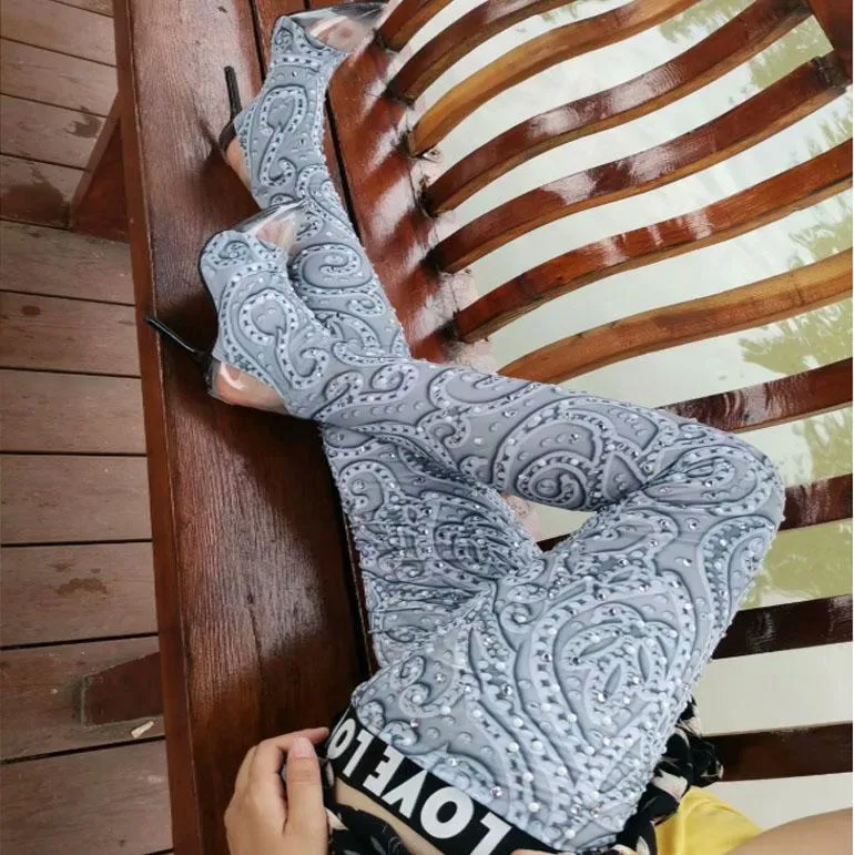 High Heel Rhinestone Transparent Toe Printed Thigh High Boots