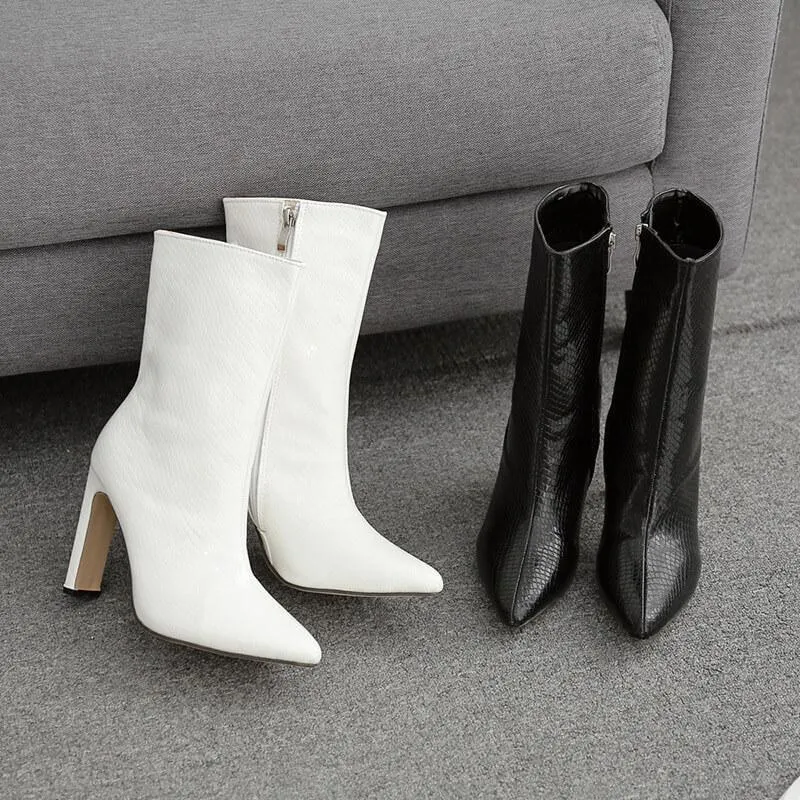 Leather High Heel Boots Pointed Toe Calf Boots