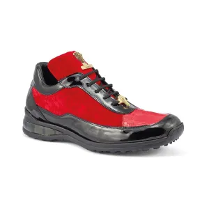 Mauri 8900/8 Bubble Men's Shoes Black & Red Exotic Crocodile / Patent Leather / Velvet Embossed Casual Sneakers (MA5355)