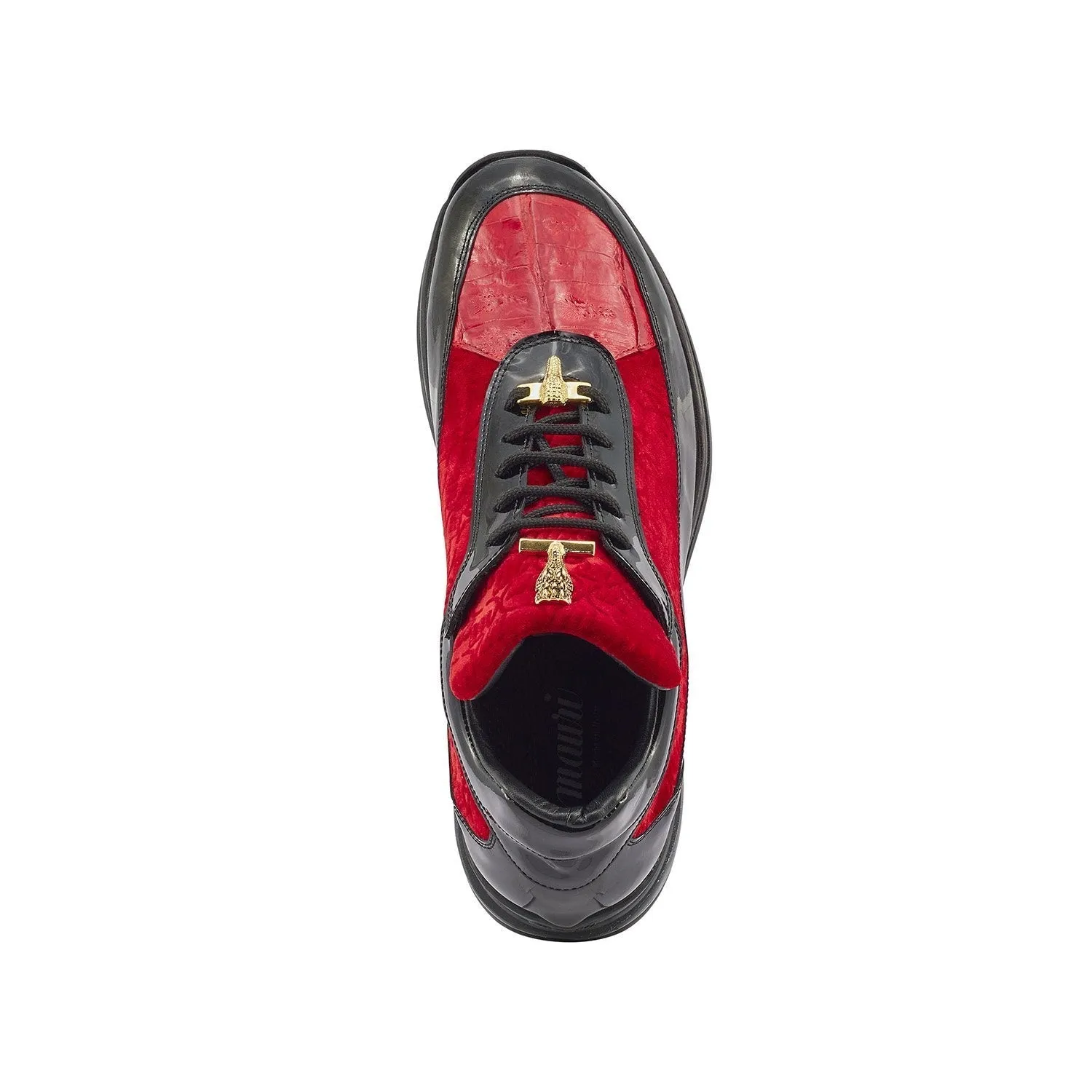 Mauri 8900/8 Bubble Men's Shoes Black & Red Exotic Crocodile / Patent Leather / Velvet Embossed Casual Sneakers (MA5355)