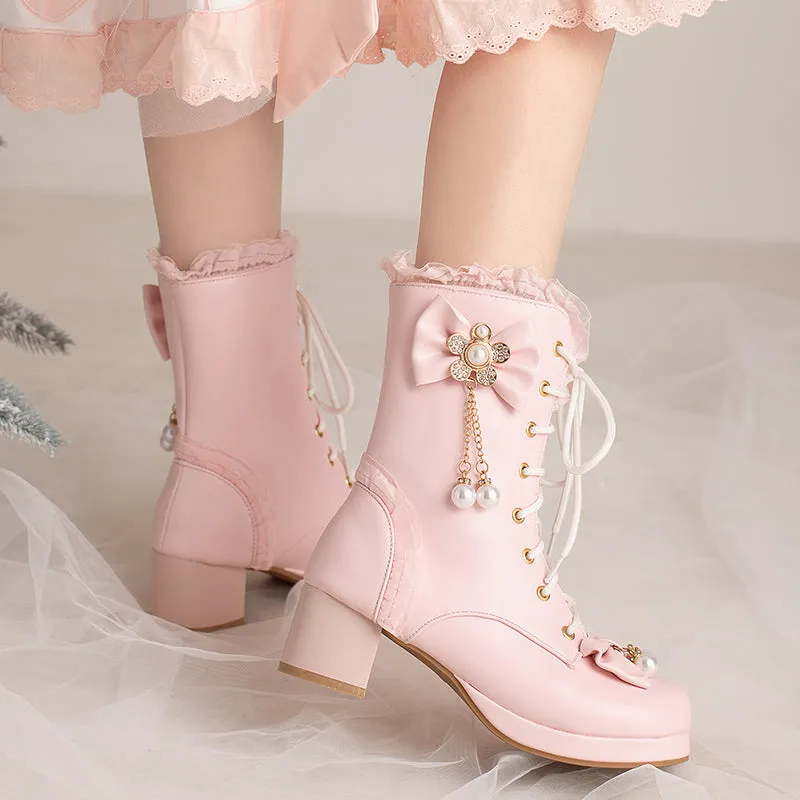 Princess Gold Diamond Chains Bow Black White Pink High Heels Shoes Boots