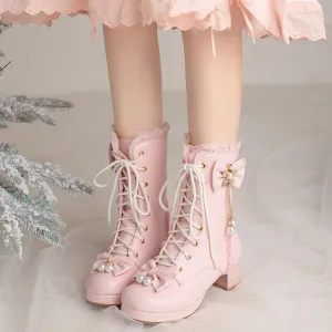 Princess Gold Diamond Chains Bow Black White Pink High Heels Shoes Boots
