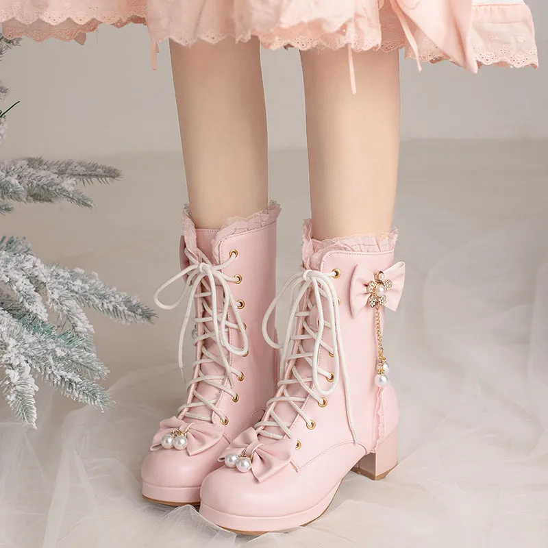 Princess Gold Diamond Chains Bow Black White Pink High Heels Shoes Boots