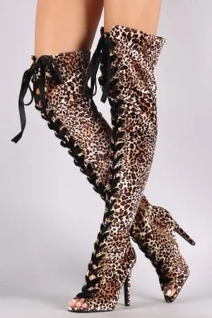 Qupid Leopard Velvet Lace Up Stiletto Over-The-Knee Boots