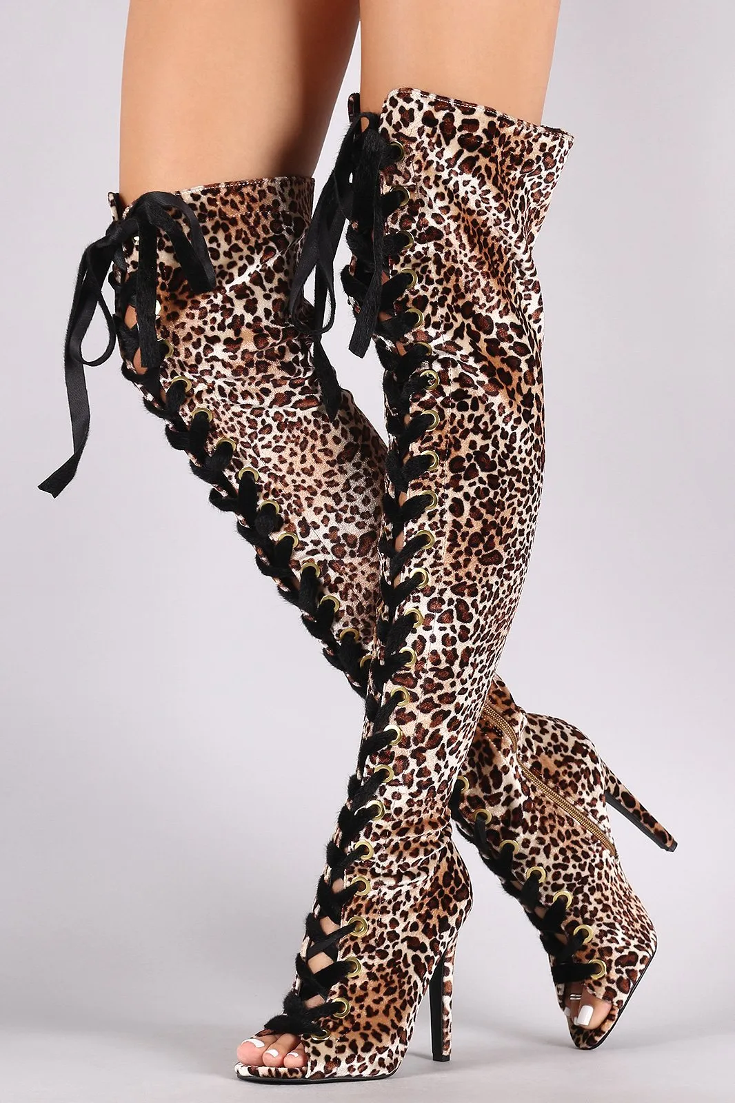 Qupid Leopard Velvet Lace Up Stiletto Over-The-Knee Boots