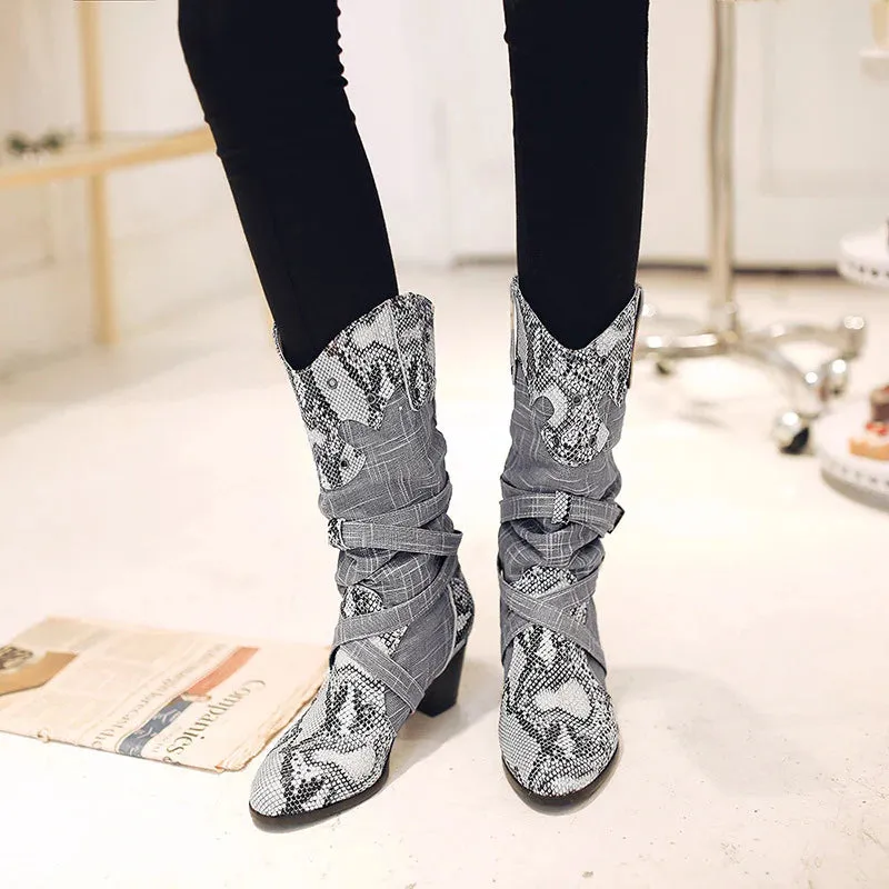 Snakeskin Embossed Knight Boots – Unisex High Tube PU Long Boots