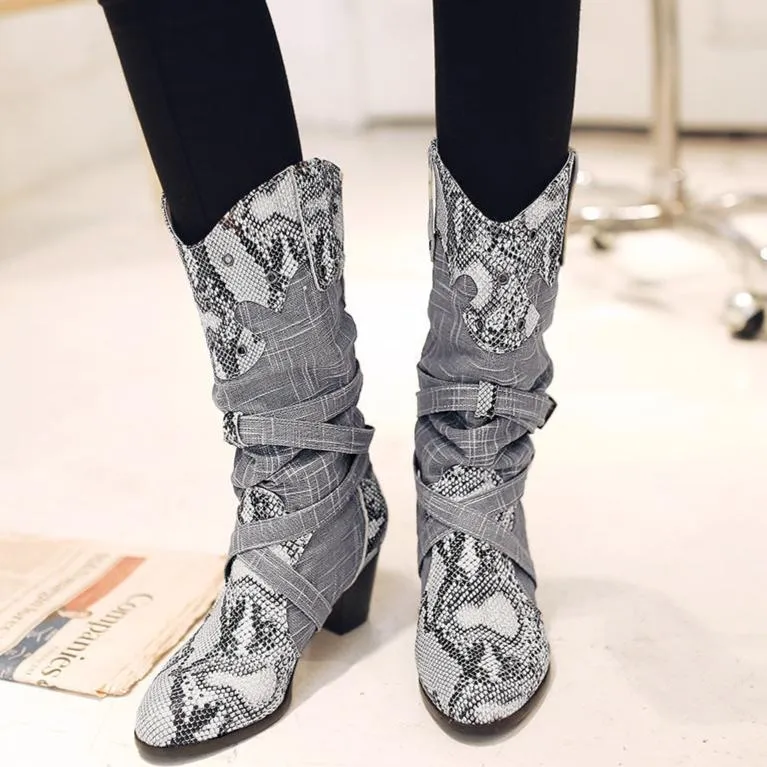Snakeskin Embossed Knight Boots – Unisex High Tube PU Long Boots